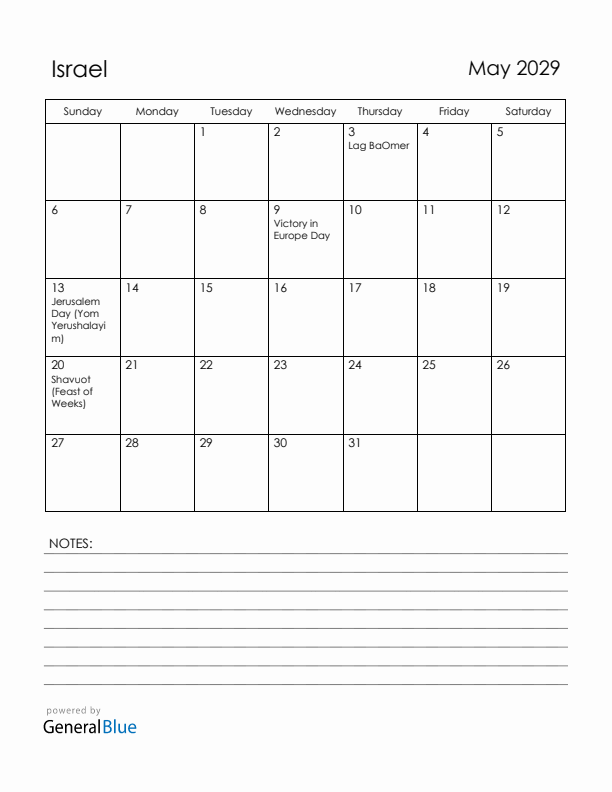 May 2029 Israel Calendar with Holidays (Sunday Start)