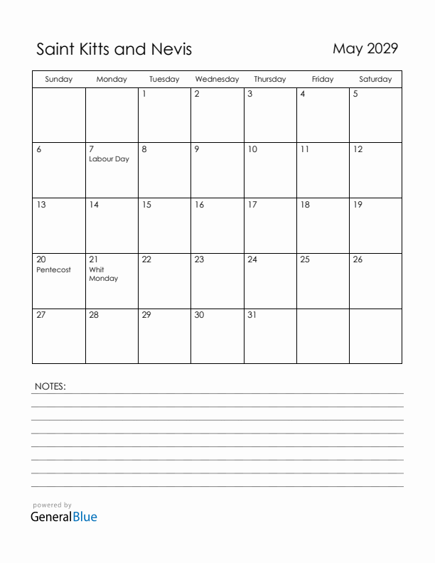 May 2029 Saint Kitts and Nevis Calendar with Holidays (Sunday Start)