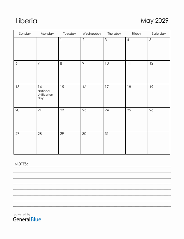 May 2029 Liberia Calendar with Holidays (Sunday Start)