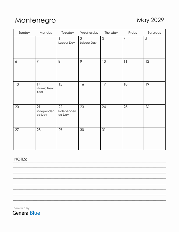 May 2029 Montenegro Calendar with Holidays (Sunday Start)