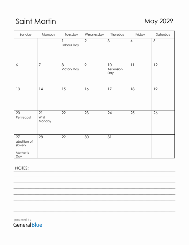 May 2029 Saint Martin Calendar with Holidays (Sunday Start)