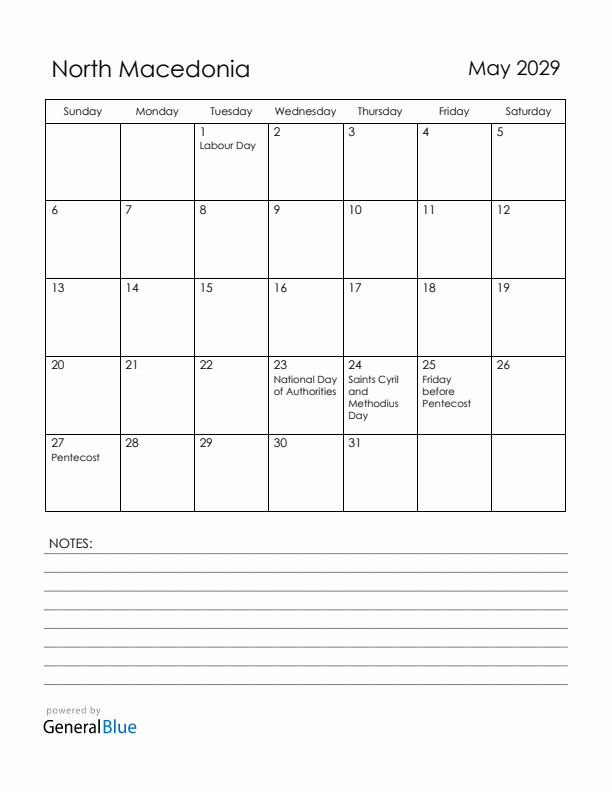 May 2029 North Macedonia Calendar with Holidays (Sunday Start)