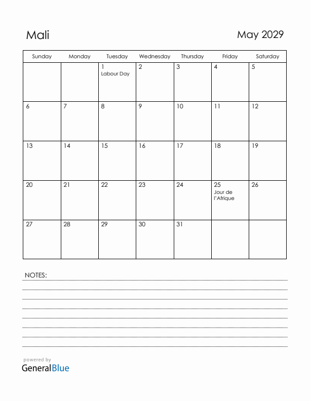 May 2029 Mali Calendar with Holidays (Sunday Start)