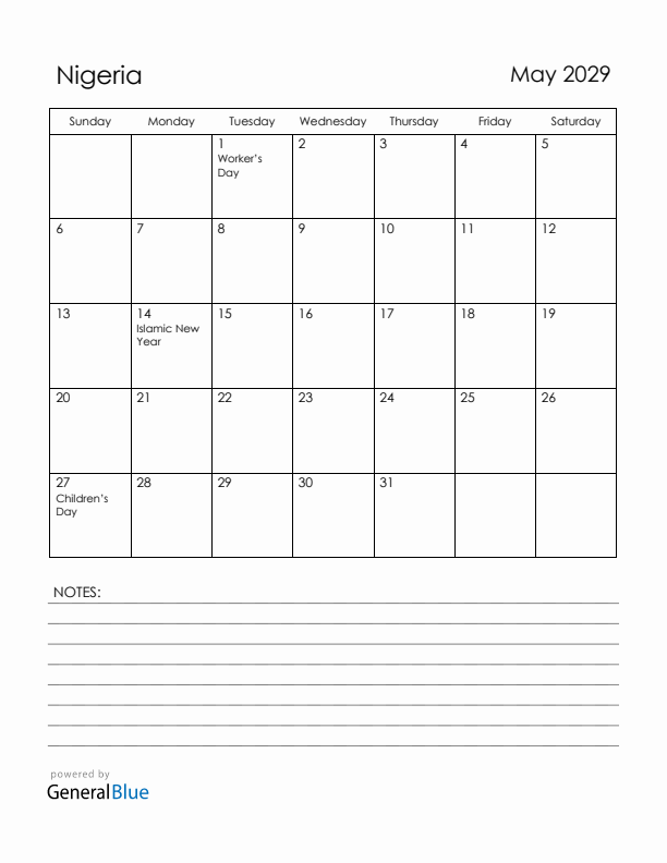 May 2029 Nigeria Calendar with Holidays (Sunday Start)