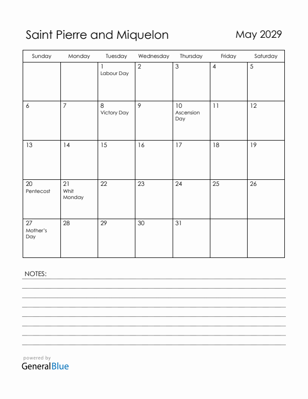 May 2029 Saint Pierre and Miquelon Calendar with Holidays (Sunday Start)