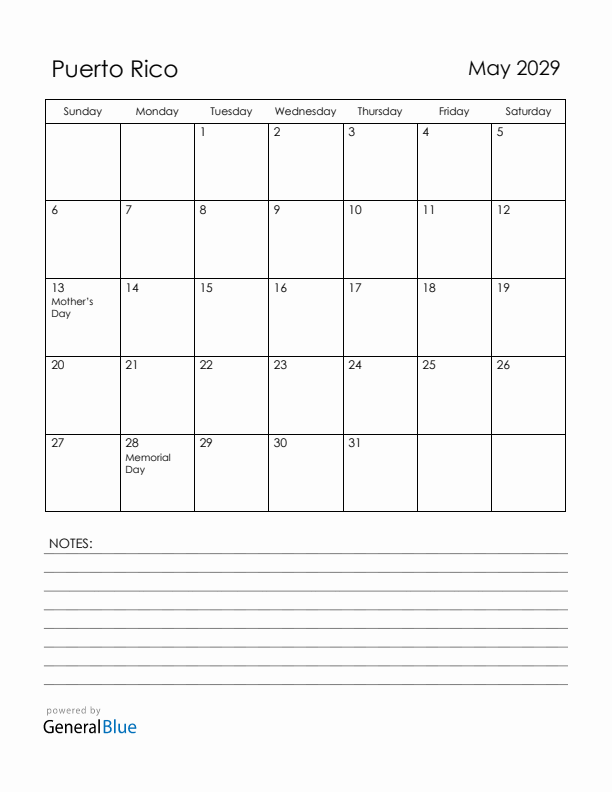 May 2029 Puerto Rico Calendar with Holidays (Sunday Start)