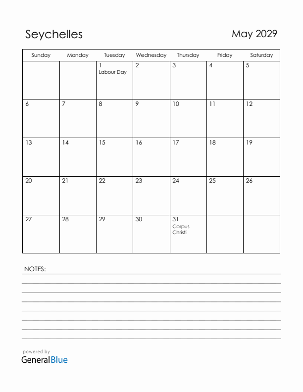 May 2029 Seychelles Calendar with Holidays (Sunday Start)