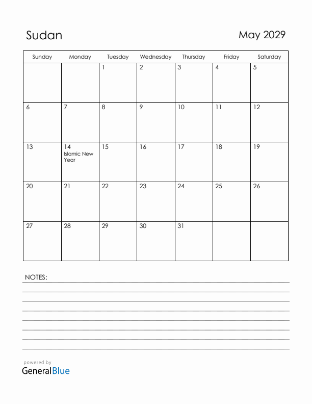 May 2029 Sudan Calendar with Holidays (Sunday Start)