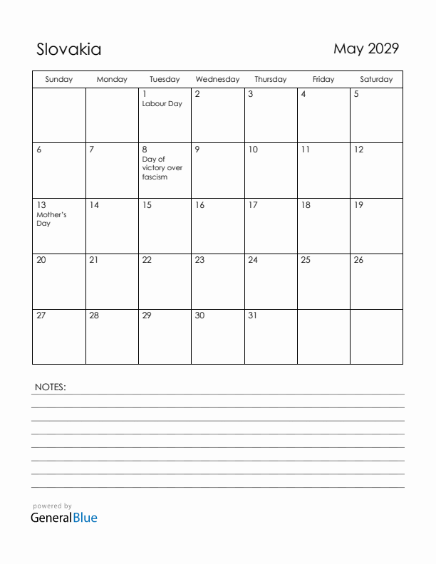 May 2029 Slovakia Calendar with Holidays (Sunday Start)