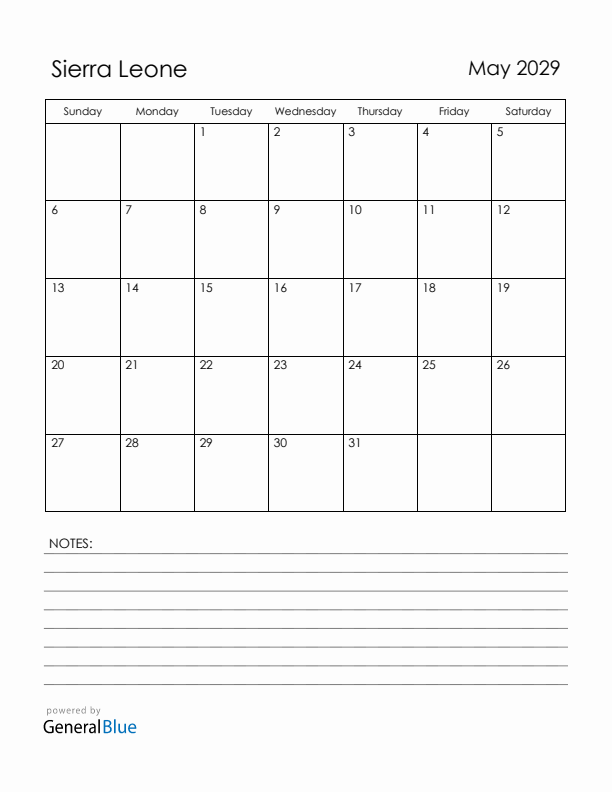 May 2029 Sierra Leone Calendar with Holidays (Sunday Start)