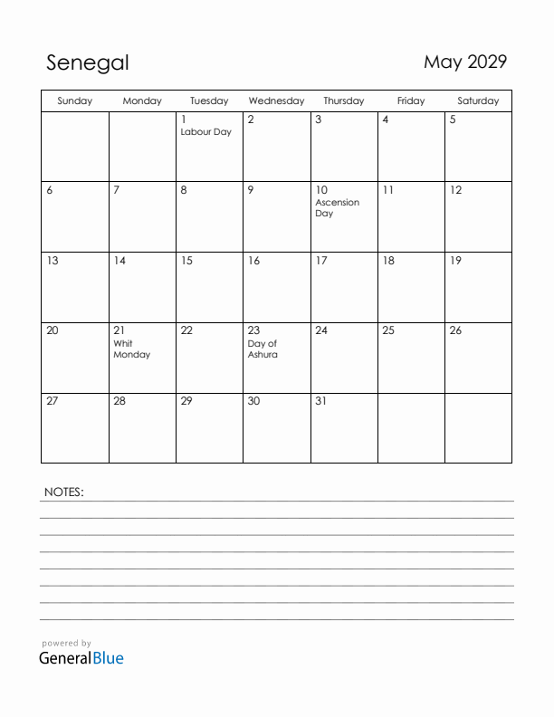 May 2029 Senegal Calendar with Holidays (Sunday Start)