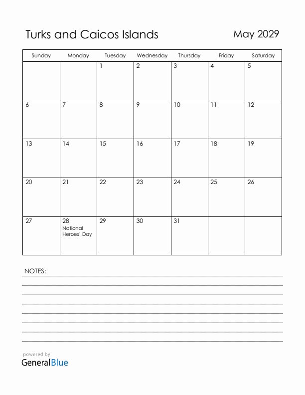 May 2029 Turks and Caicos Islands Calendar with Holidays (Sunday Start)