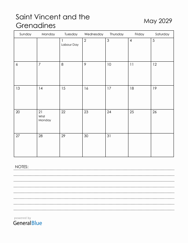 May 2029 Saint Vincent and the Grenadines Calendar with Holidays (Sunday Start)