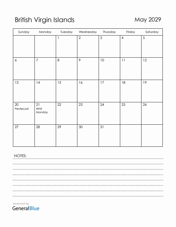 May 2029 British Virgin Islands Calendar with Holidays (Sunday Start)