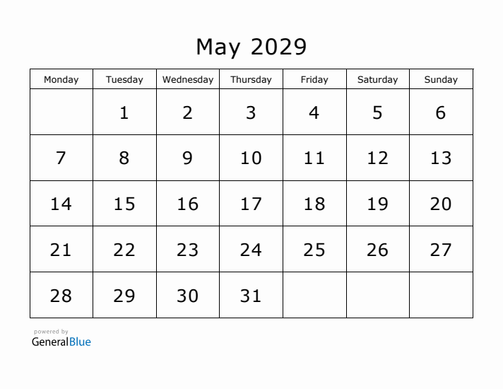 Printable May 2029 Calendar - Monday Start
