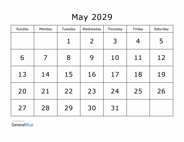 Printable May 2029 Calendar - Sunday Start