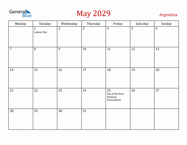 Argentina May 2029 Calendar - Monday Start