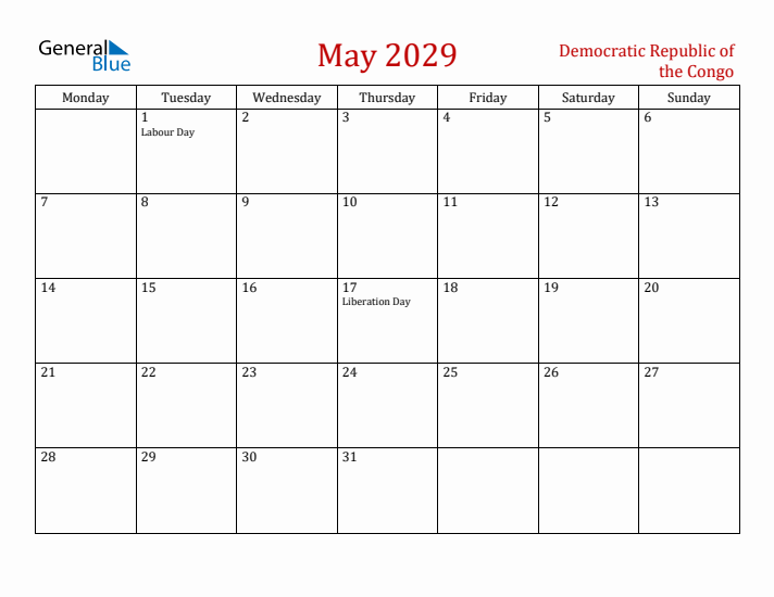 Democratic Republic of the Congo May 2029 Calendar - Monday Start