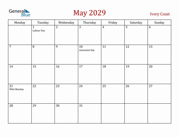 Ivory Coast May 2029 Calendar - Monday Start