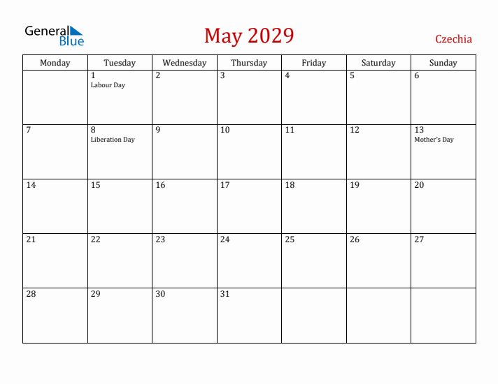 Czechia May 2029 Calendar - Monday Start