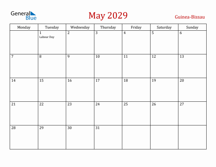 Guinea-Bissau May 2029 Calendar - Monday Start