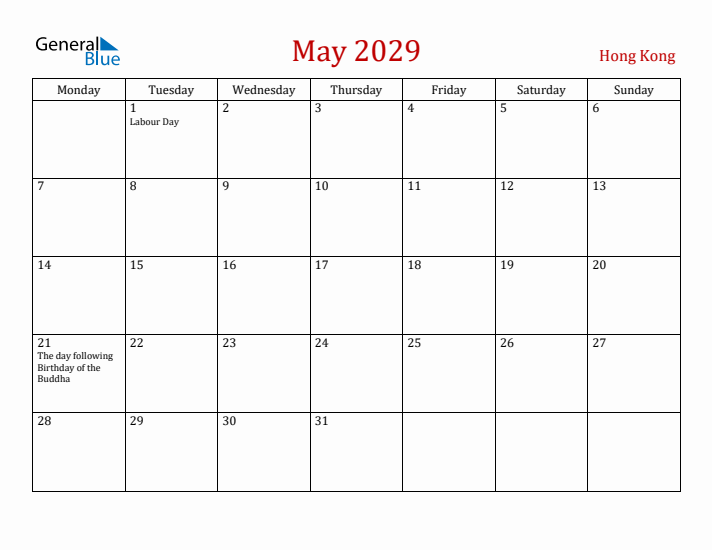Hong Kong May 2029 Calendar - Monday Start
