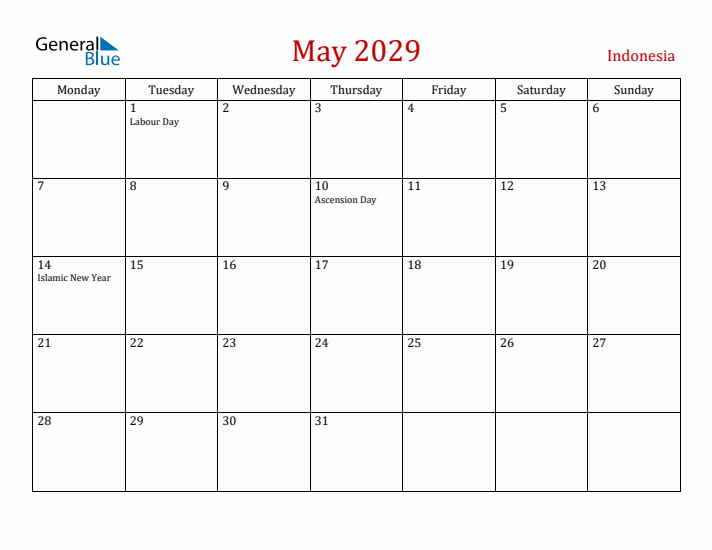 Indonesia May 2029 Calendar - Monday Start