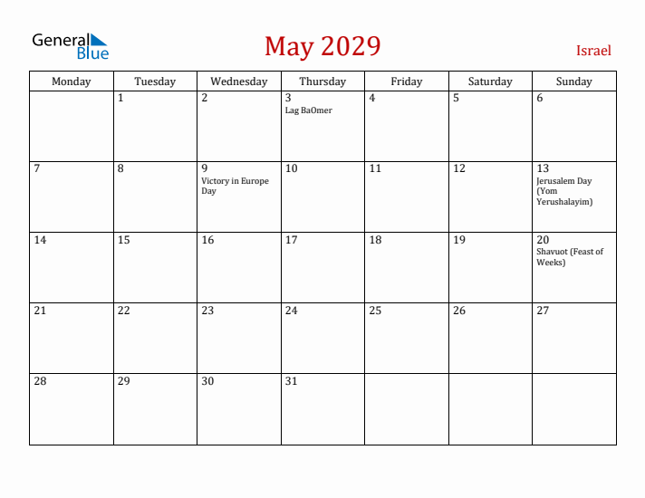 Israel May 2029 Calendar - Monday Start