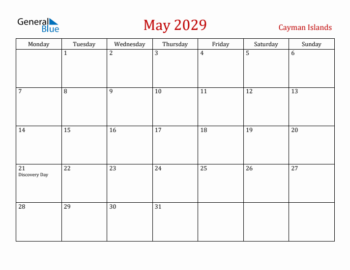 Cayman Islands May 2029 Calendar - Monday Start