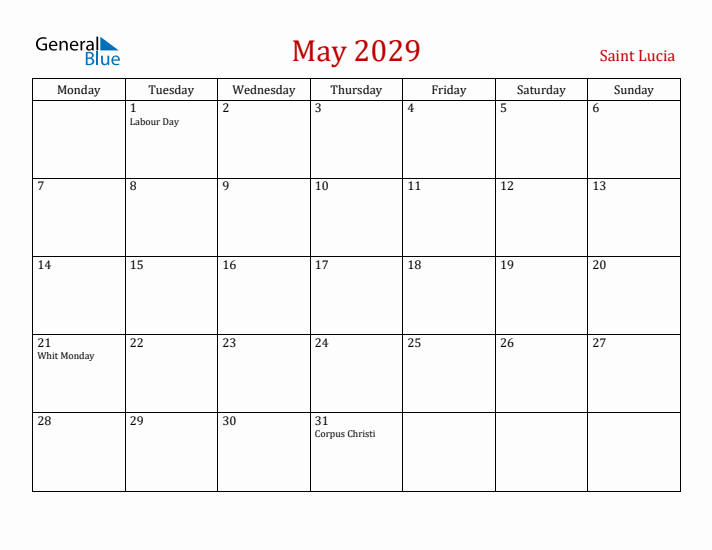 Saint Lucia May 2029 Calendar - Monday Start
