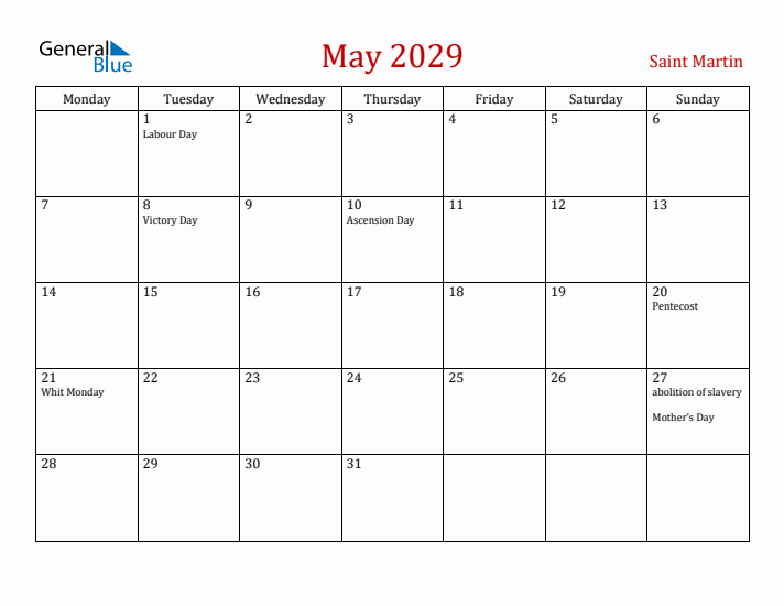 Saint Martin May 2029 Calendar - Monday Start