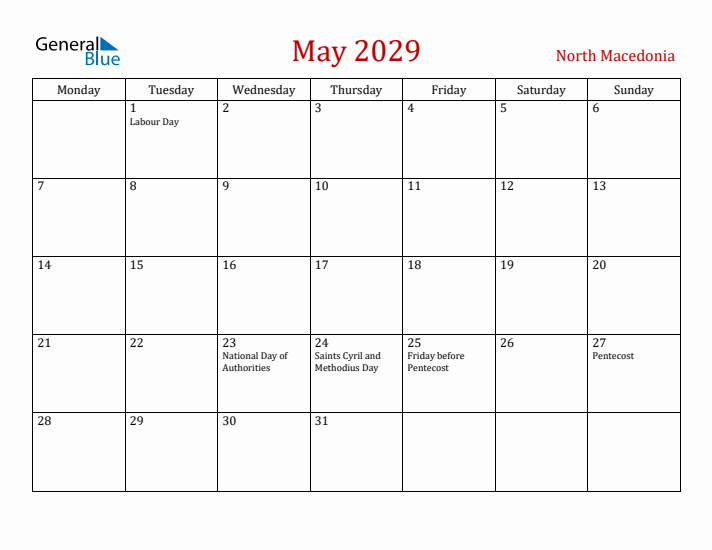 North Macedonia May 2029 Calendar - Monday Start