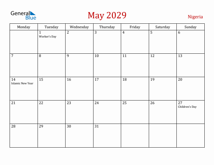 Nigeria May 2029 Calendar - Monday Start