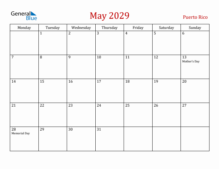 Puerto Rico May 2029 Calendar - Monday Start