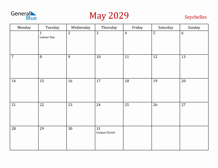 Seychelles May 2029 Calendar - Monday Start