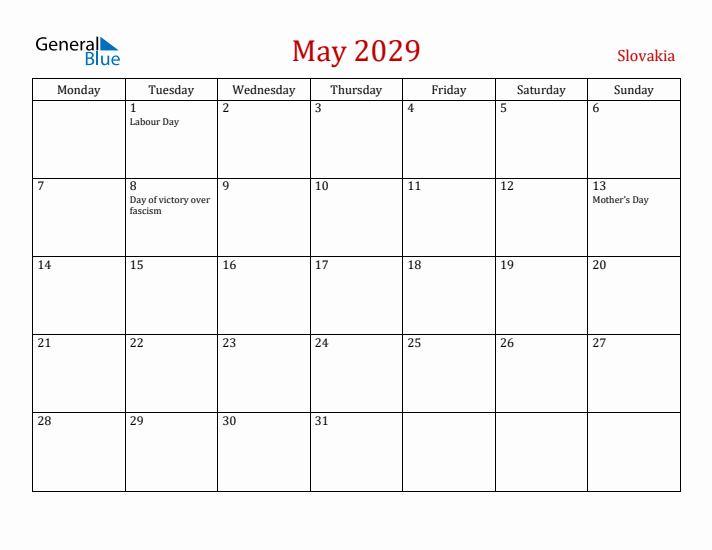 Slovakia May 2029 Calendar - Monday Start