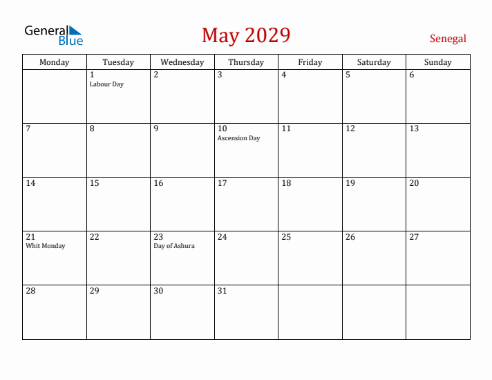 Senegal May 2029 Calendar - Monday Start