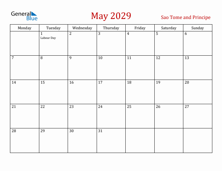 Sao Tome and Principe May 2029 Calendar - Monday Start