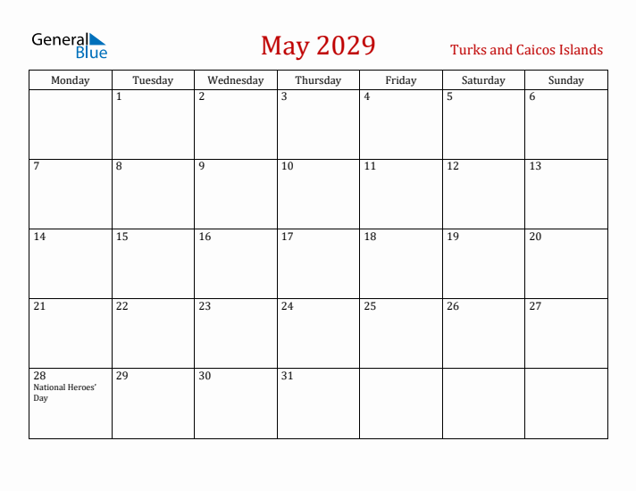 Turks and Caicos Islands May 2029 Calendar - Monday Start