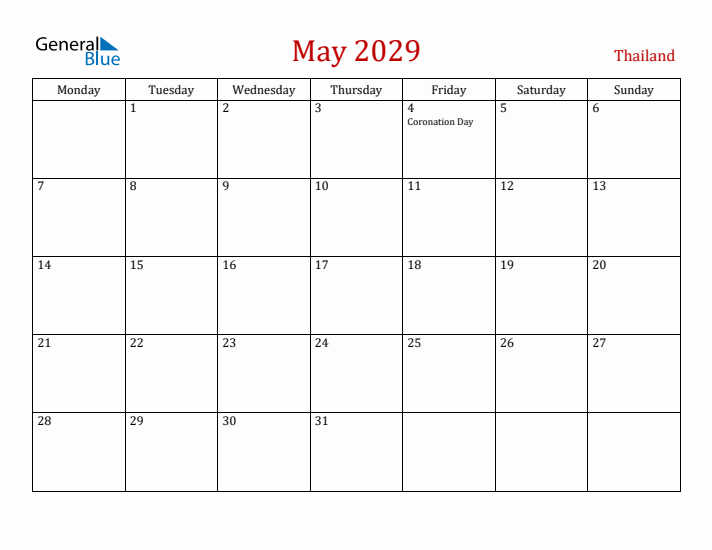 Thailand May 2029 Calendar - Monday Start