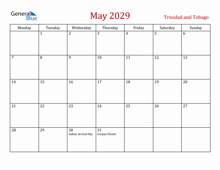 Trinidad and Tobago May 2029 Calendar - Monday Start