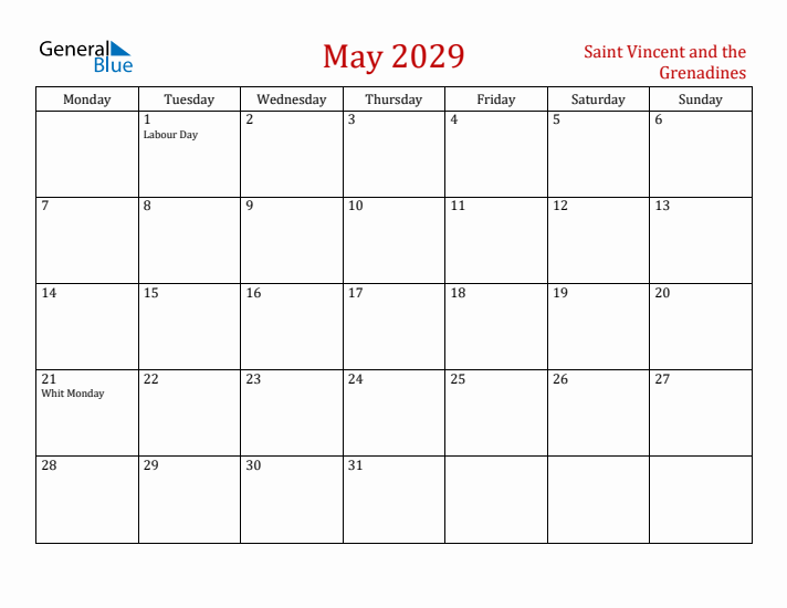 Saint Vincent and the Grenadines May 2029 Calendar - Monday Start
