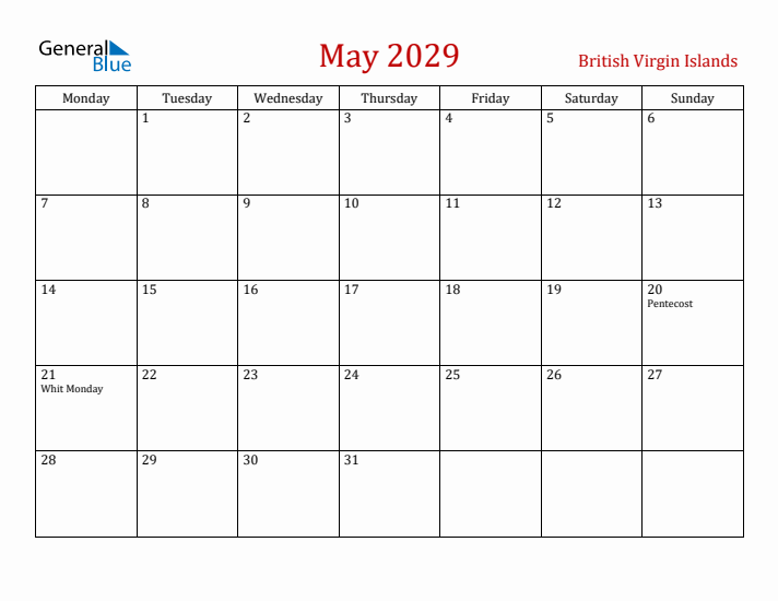 British Virgin Islands May 2029 Calendar - Monday Start