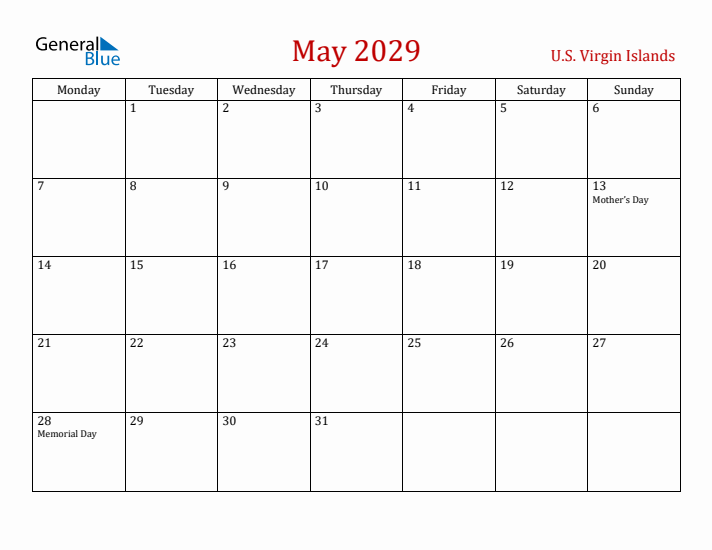 U.S. Virgin Islands May 2029 Calendar - Monday Start