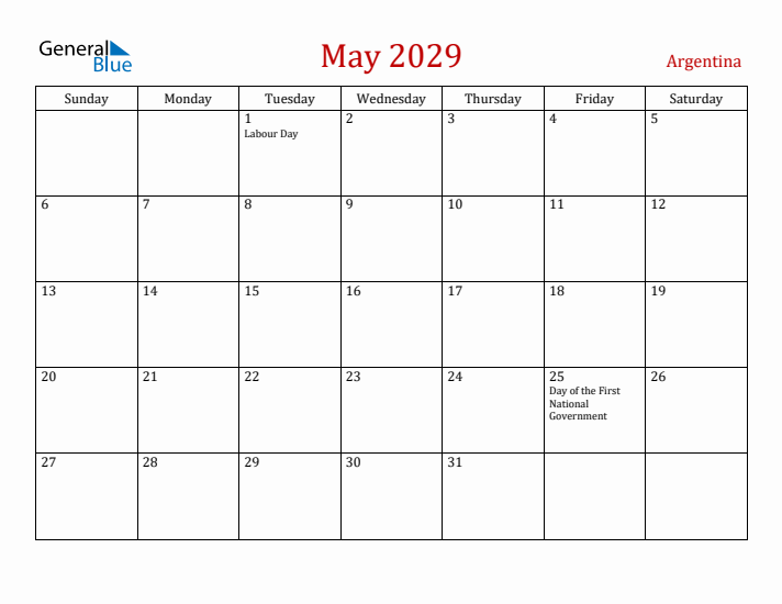 Argentina May 2029 Calendar - Sunday Start
