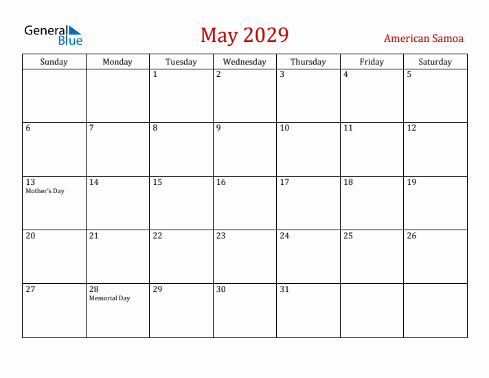 American Samoa May 2029 Calendar - Sunday Start