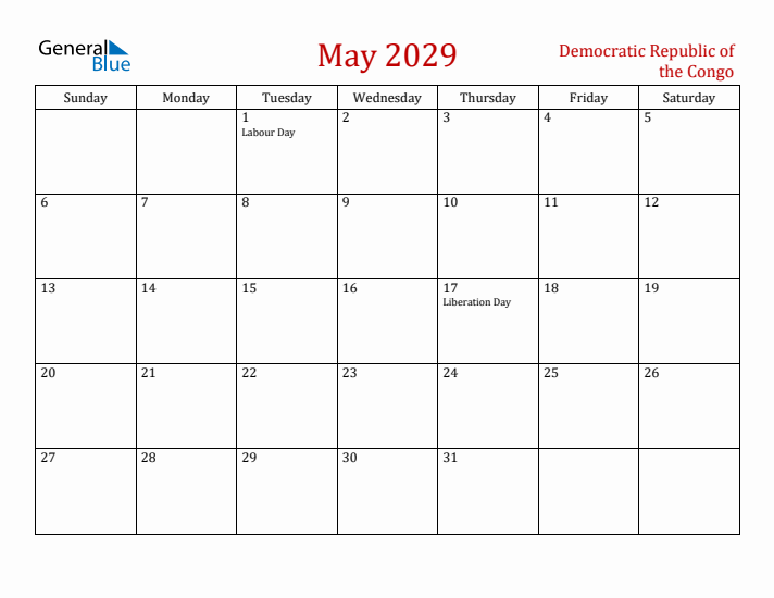 Democratic Republic of the Congo May 2029 Calendar - Sunday Start
