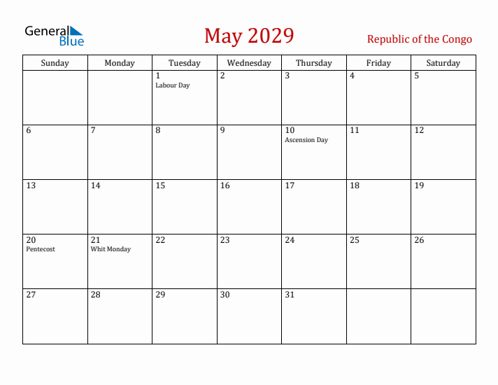 Republic of the Congo May 2029 Calendar - Sunday Start