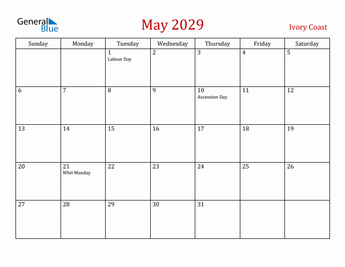 Ivory Coast May 2029 Calendar - Sunday Start