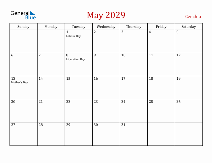 Czechia May 2029 Calendar - Sunday Start